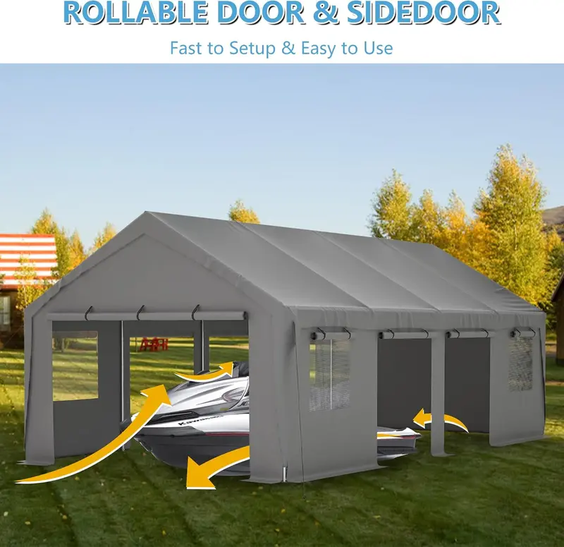 Thanaddo Heavy-Duty Car Port – Enclosed Shelter with Roll-Up Sides & Ventilated Windows