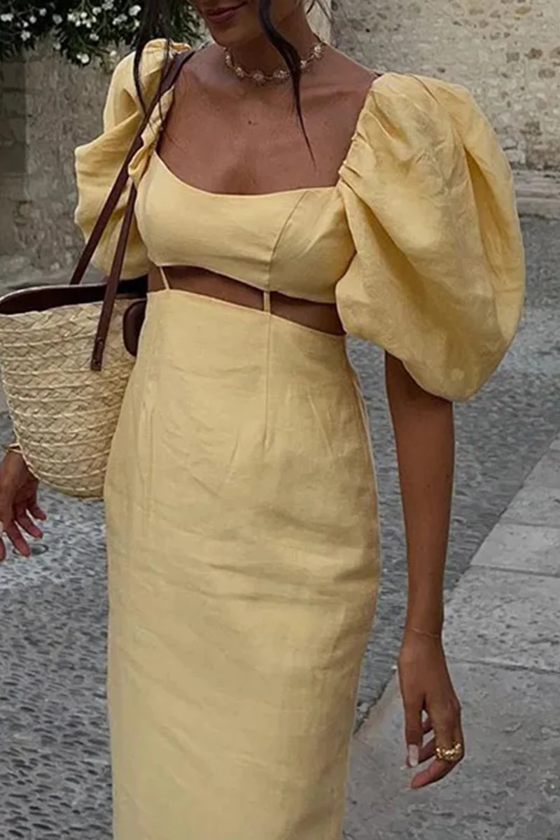Hollow Out Square Neck Maxi Dress with Puff SleevesClistos