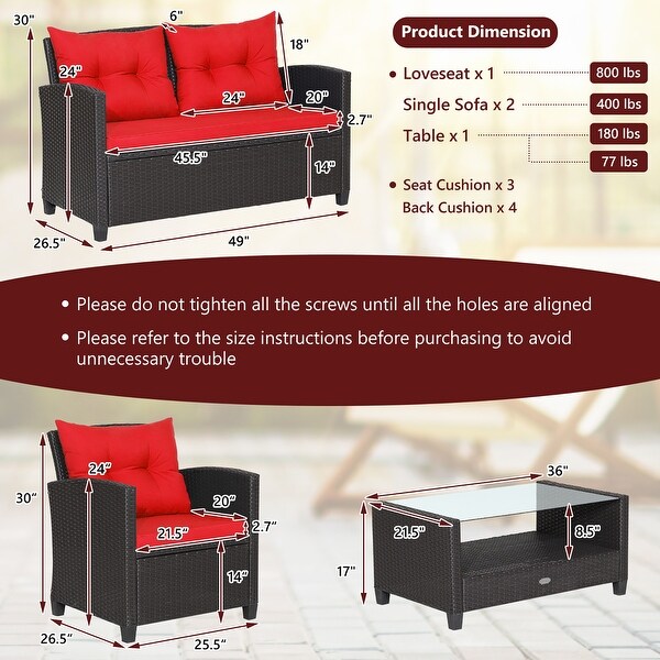 Costway 4 PCS Patio Rattan Furniture Set Glass Table Shelf Sofa