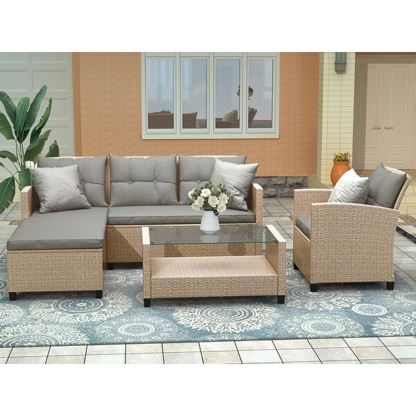 4Piece Classic Conversation Set,Wicker Rattan Patio Sofa with Cushions