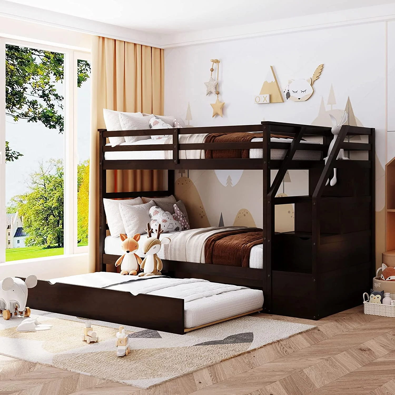 Over Bunk Bed With Size Trundle And 3 Storage Stairs, Wooden Over Bed Frame With Storage Drawers And Safety Rail Ladder For Teens Bedroom Bed, Guest Room (Espresso)