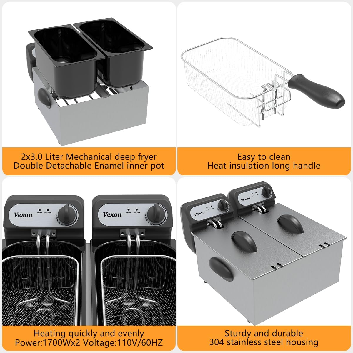 2026 3000W Commercial Electric Deep Fryer With Baskets & Lids,2x3L Stainless Steel Double Deep Fryer,Small Deep Fryer With Basket,Temperature Control,Overheat Protection