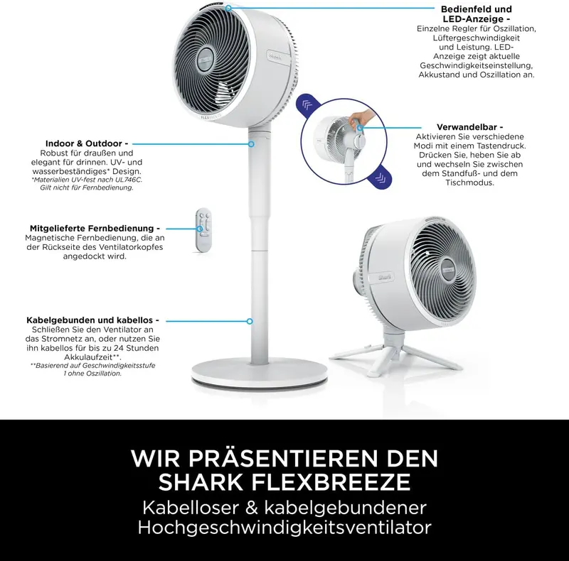 Shark FlexBreeze FA050EU HydroGo Mist Fan – Quiet, Cordless/Corded, 20m Airflow, Indoor/Outdoor Use