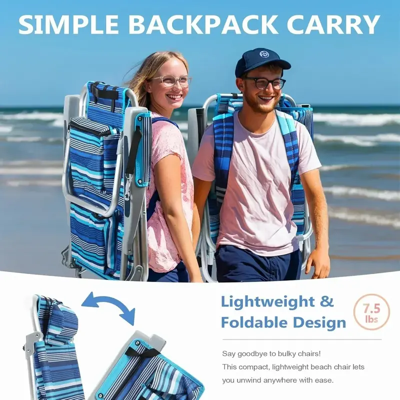 Tall Aluminum Beach Chair Set – 2-Pack Foldable, Lightweight Lay-Flat Chairs with Backpack Straps