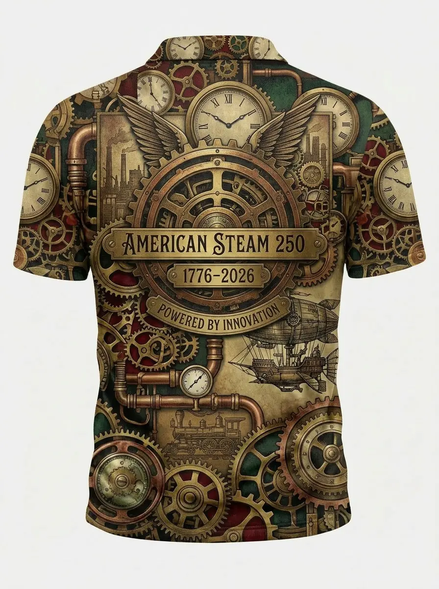 Moisture Wicking Golf Polo 3D American Steam 250 Steampunk Gear Eagle Flag Button Short Sleeve Golf Polo Shirt