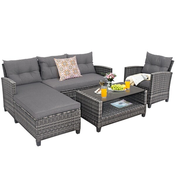 Costway 4PCS Patio Rattan Furniture Set Cushioned Loveseat Table Shelf
