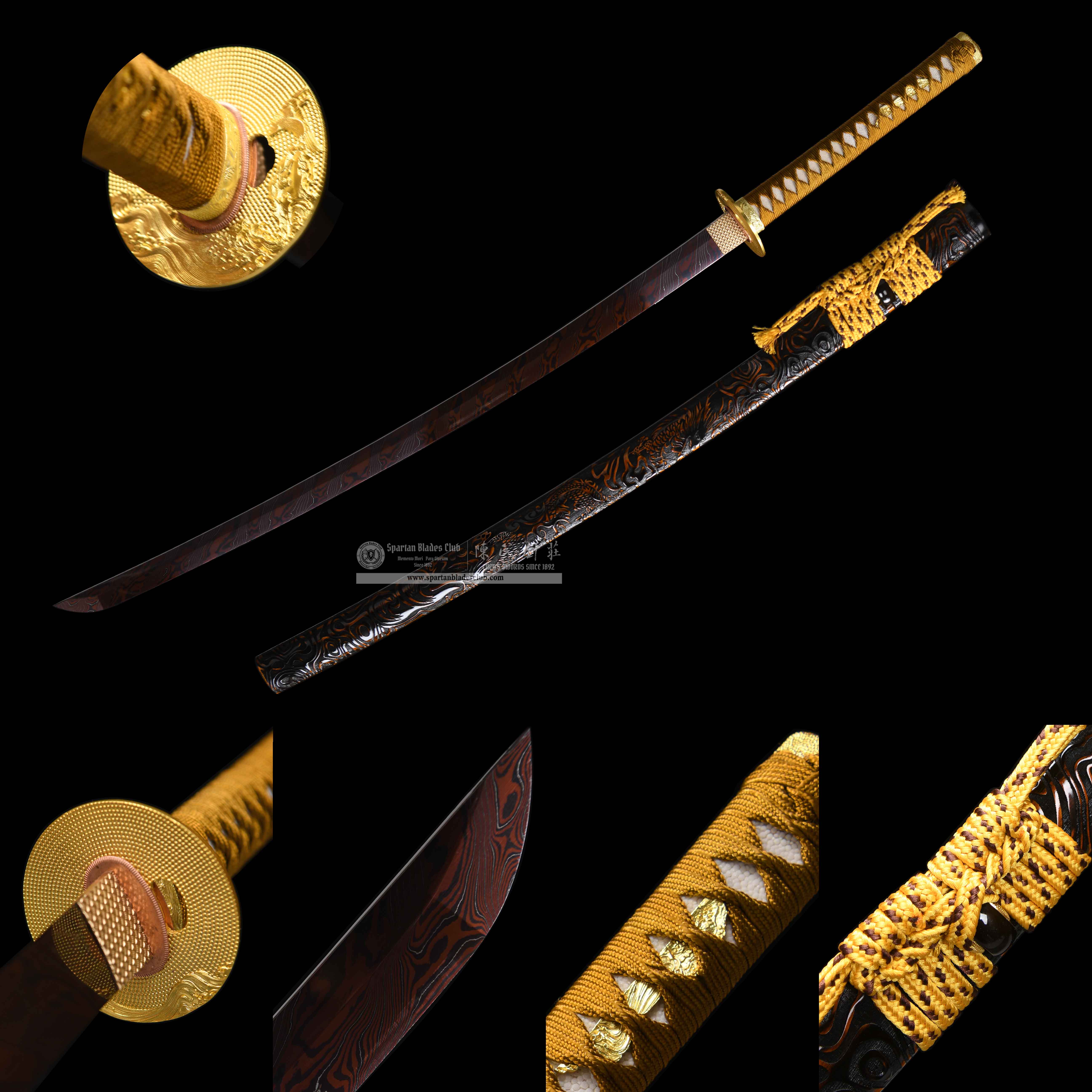 HY168 | Cangloong | Katana | Damascus Steel | Heat-Colored Reddish Brown | Loong（Chinese dragon）| golden | Battle-Ready | Full-tang | Spartan Blades Club | CHEN'S SWORDS 1892 - Spartan Blades Club - 陳氏劍莊1892