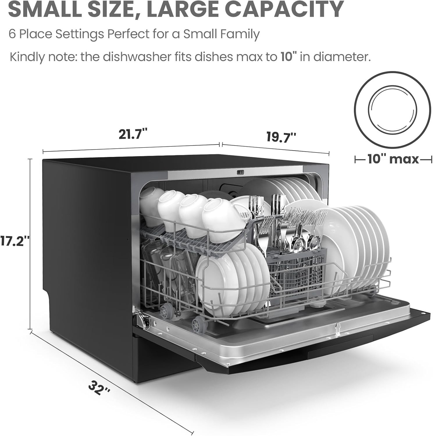 Portable Dishwasher, 6 Place Settings & 8 Washing Programs, Speed, Baby-Care, ECO& Glass, Dish Washer for Dorm, RV& Apartment, Black