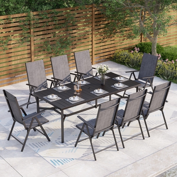 9Piece Patio Dining Set,Metal Table and Foldable Sling Dining Chairs with 7 Levels Adjustable