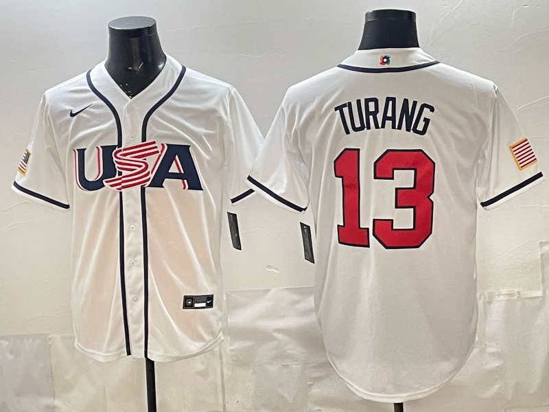 Men's USA Baseball Brice Turang #13 White 2026 World Baseball Classic Stadium Jersey