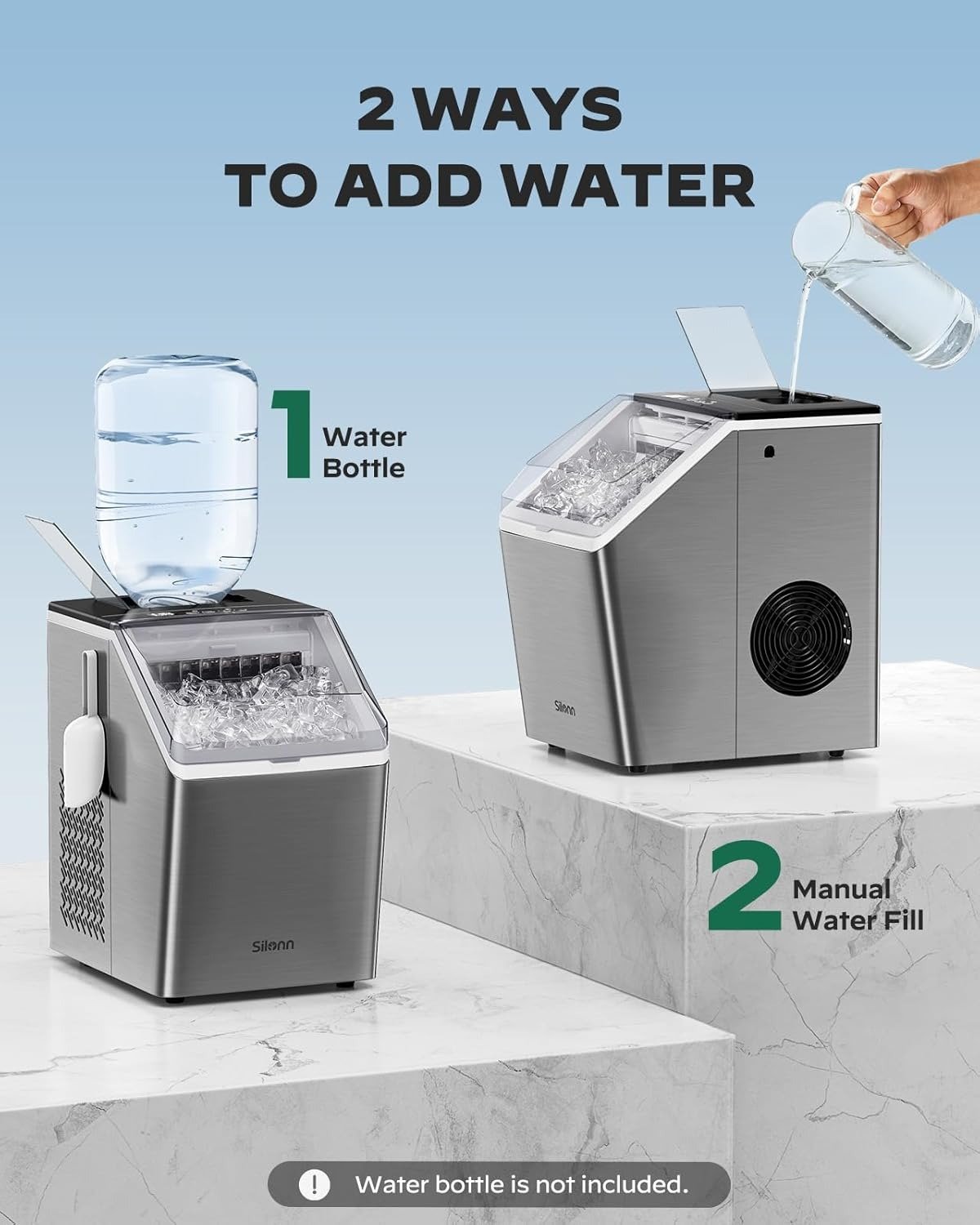Ice Makers Countertop, 44lbs Per Day, 2 Ways to Add Water, Auto Self-Cleaning, Stainless Steel Ice Machine for Home Office Bar Party