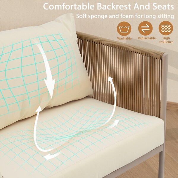 4Piece Rope Patio Conversation Set With Thick Cushions,With Toughened Glass Tabletop