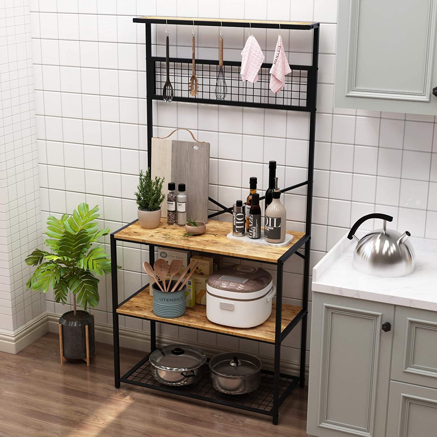 SogesPower Standing Kitchen Island with Storage Shelf, Kitchen Organization and Storage, Multi-Storage Racks and Hooks Saving Space Rustic Brown