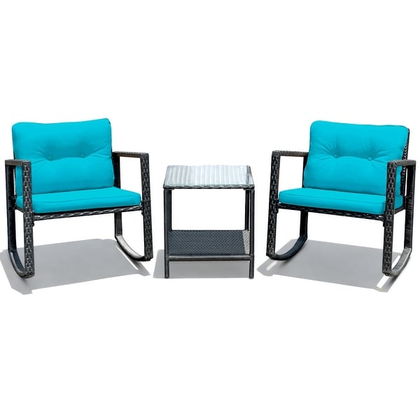 Gymax 3PCS Rattan Rocking Chair Table Set Patio Furniture Set w/ Blue