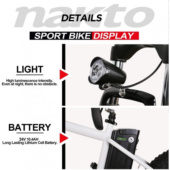 20″ 300W Fat Tire Electric Bicycles Snow Beach Mountain Bike 6 Speed Gear E-Bike with Removable Waterproof Large Capacity 36V10A Lithium Battery and Battery Charger Electric Bike