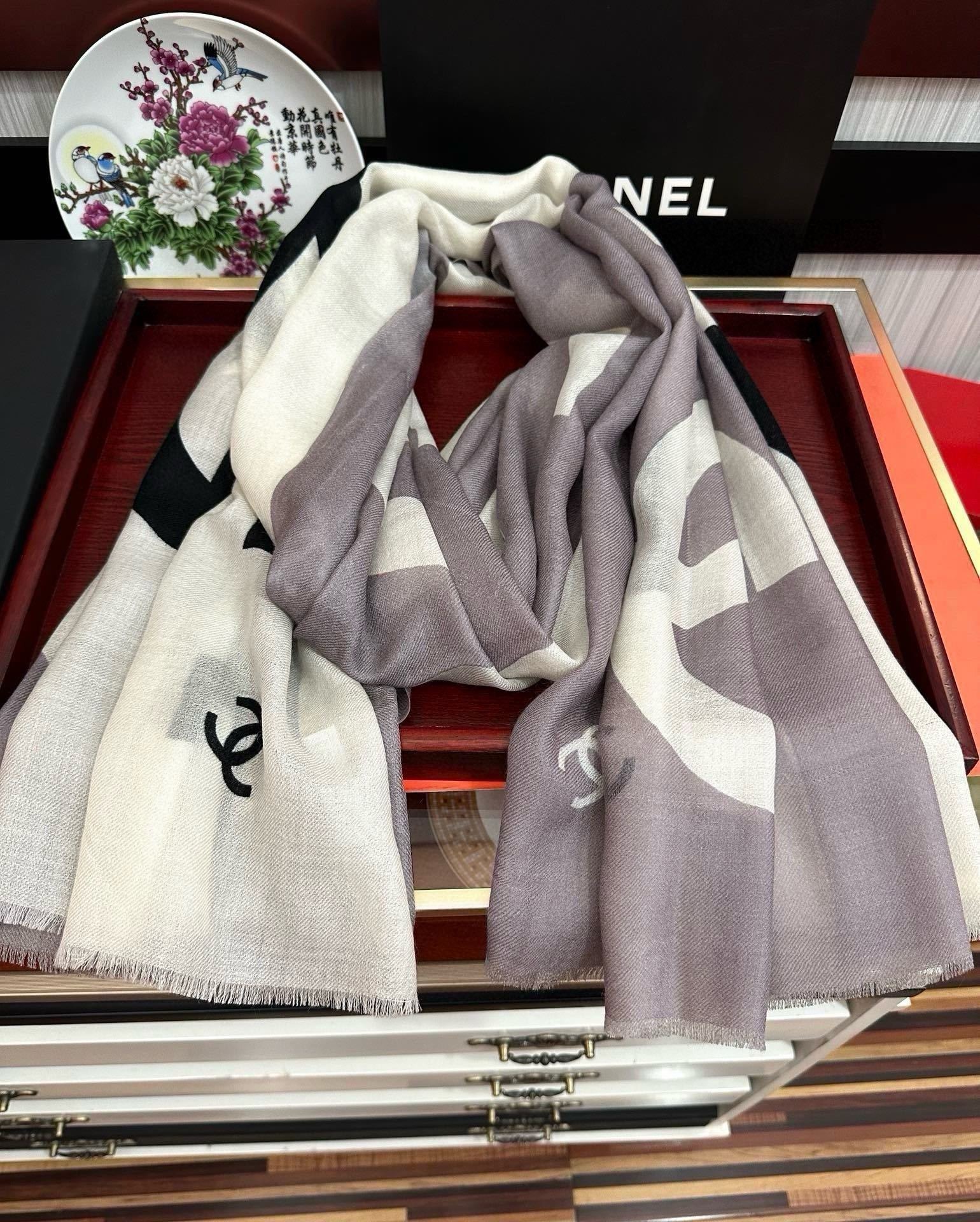 Chanel Silk Shawl CC Logo Colorblock Grey – White For Women 200cm