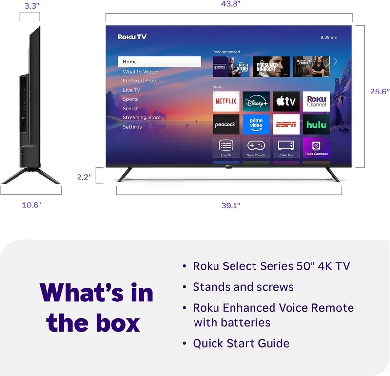 Roku 50″ Select 4K HDR Smart TV – Voice Remote, Streaming-Optimized Display