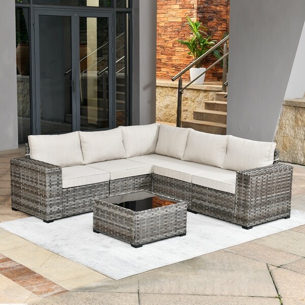 OVIOS Patio Wicker Furniture Wide Arm 6piece Set with Table