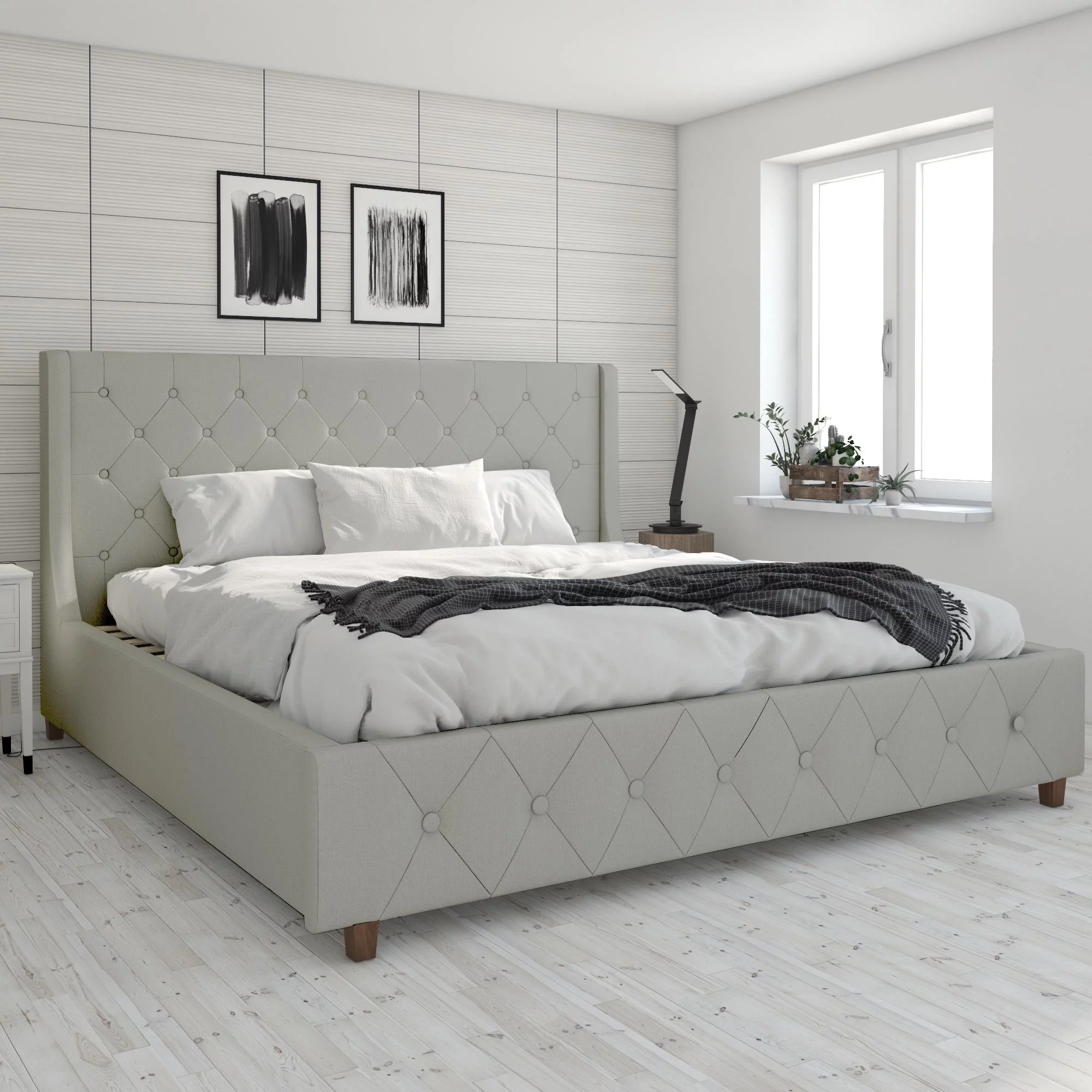 CosmoLiving by Cosmopolitan Mercer Upholstered Bed, Light Gray Linen, King