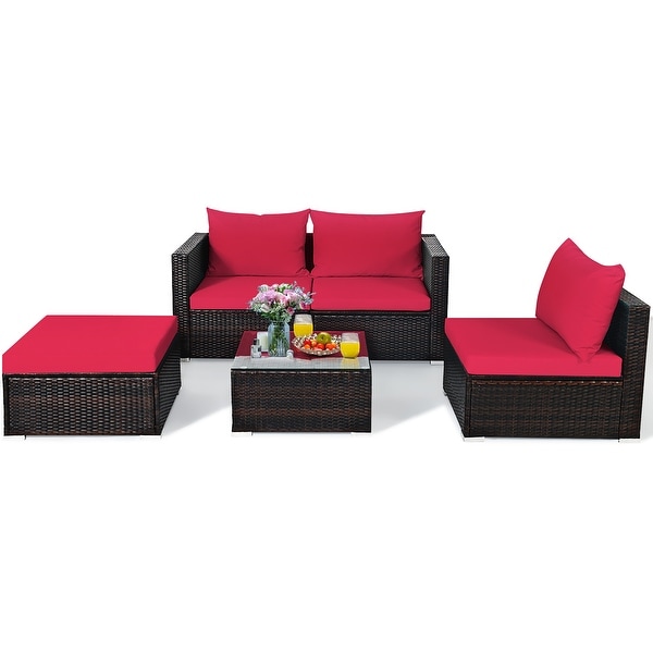 5PCS Patio Rattan Furniture Set Sectional Conversation Sofa w/ Coffee