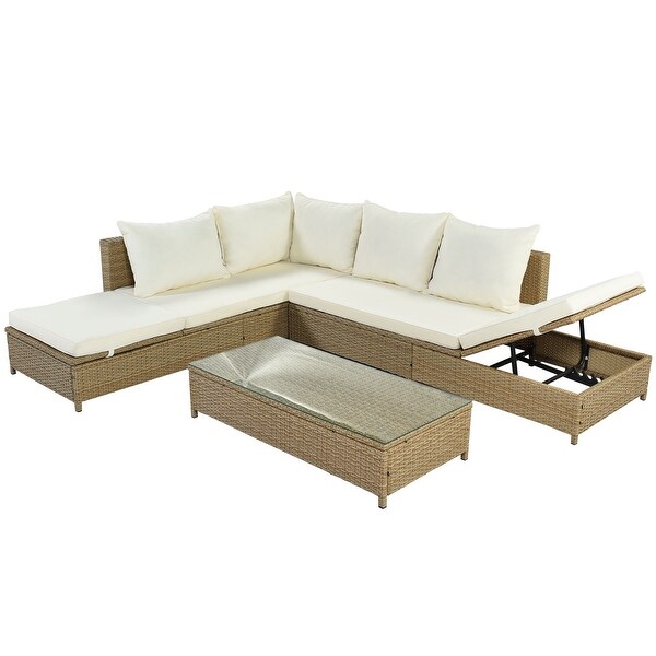 Patio 3Piece Rattan Sofa Set PE Wicker Sectional Set with Adjustable Chaise Lounge Frame and Tempered Glass Table