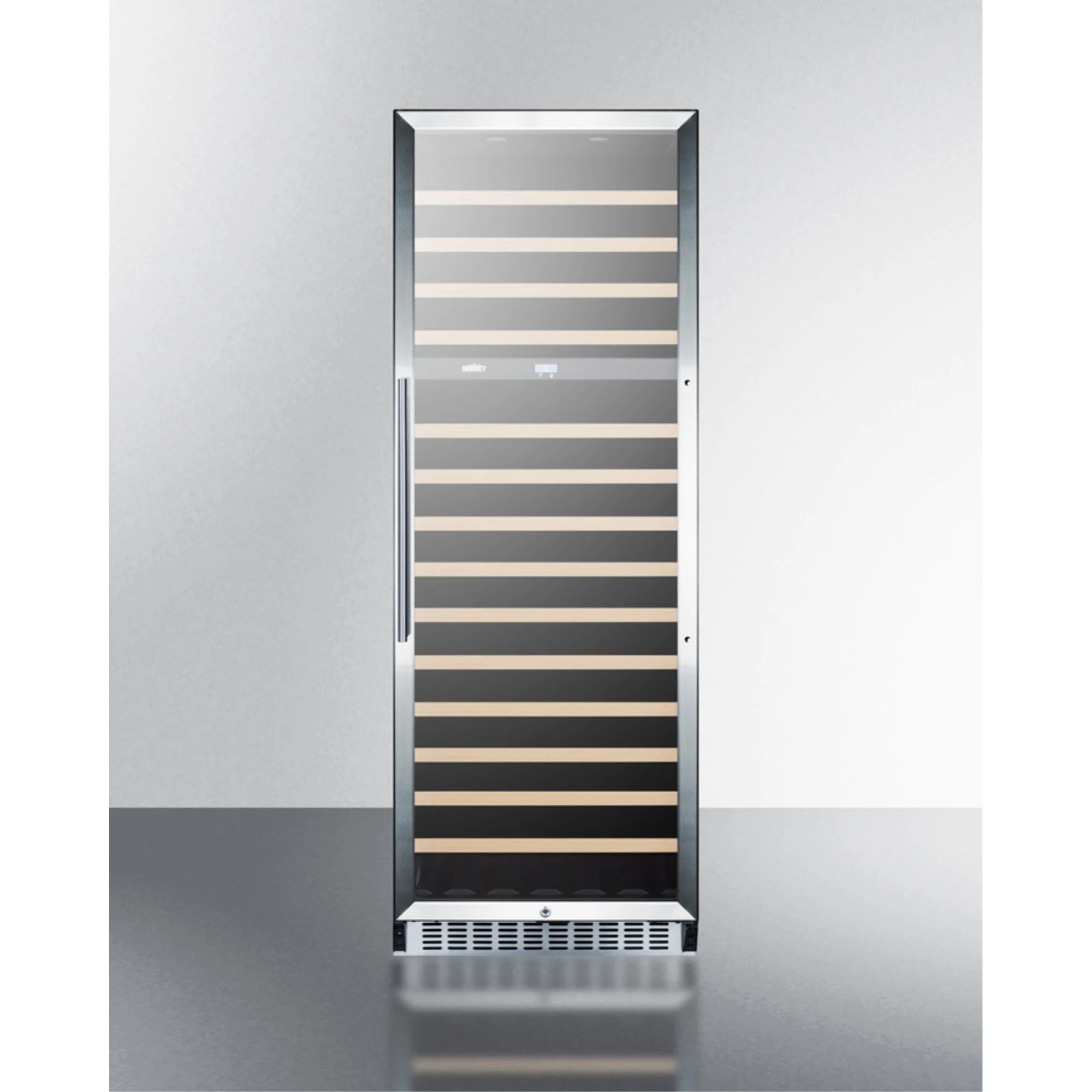 2-zone 160 bottle wine cellar with glass door, digital thermostat, and black cabinet