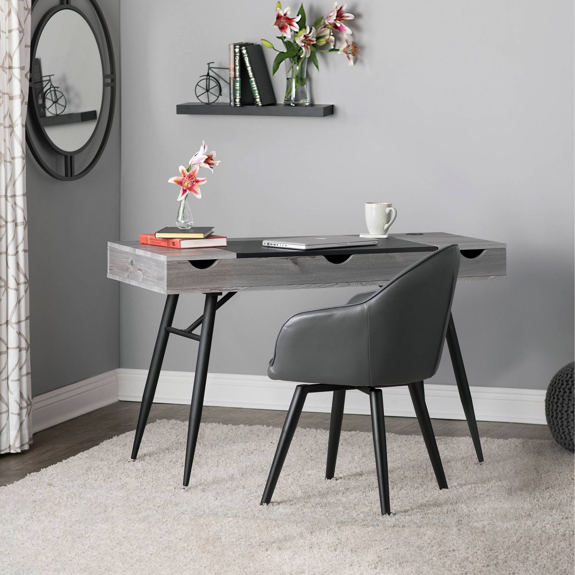 Studio Designs Home Dome Swivel Office/Dining/Guest Accent Chair with Arms Blended Leather Metal Legs, Smoke Grey/ Black