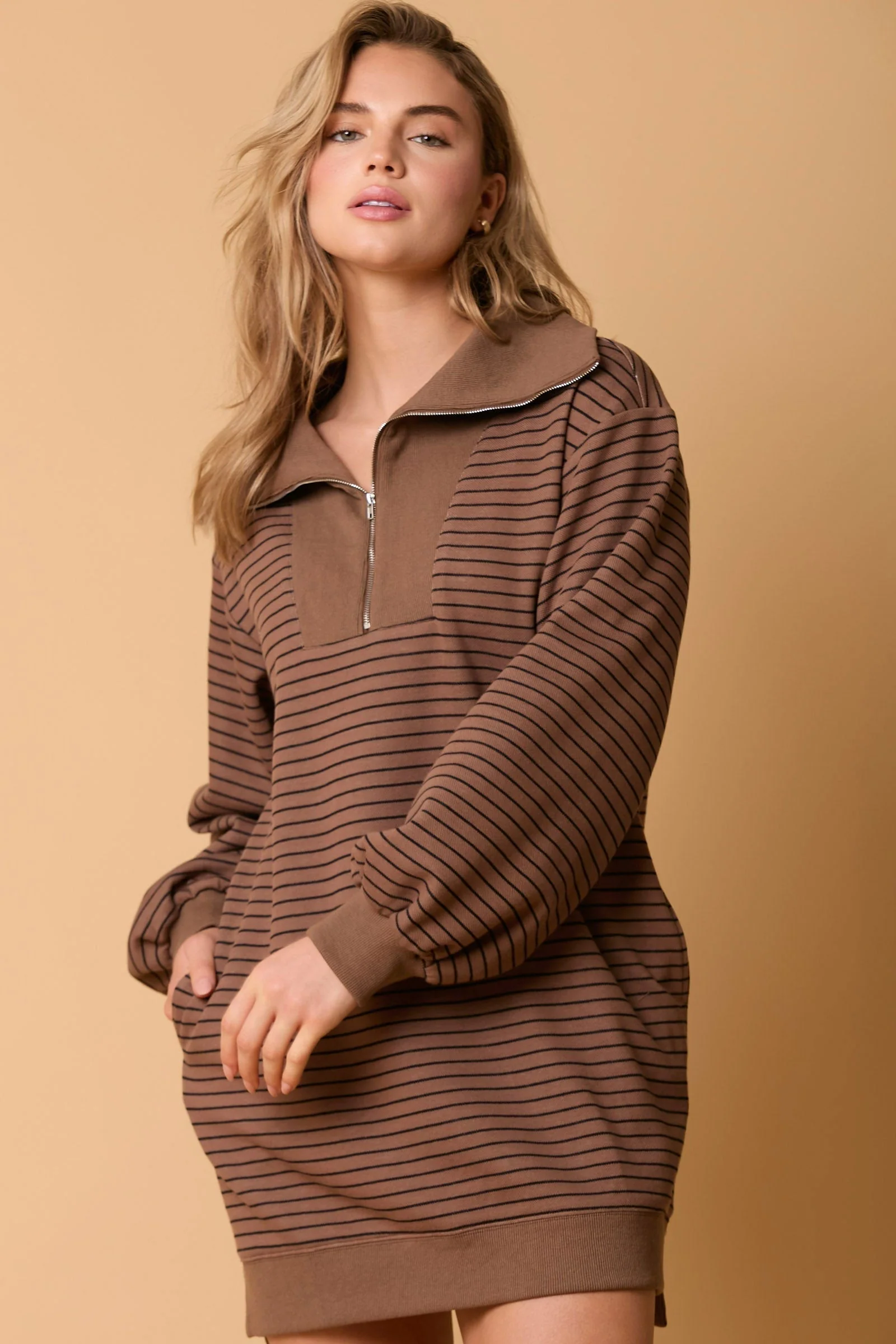 Striped Quarter Zip Knit DressClistos