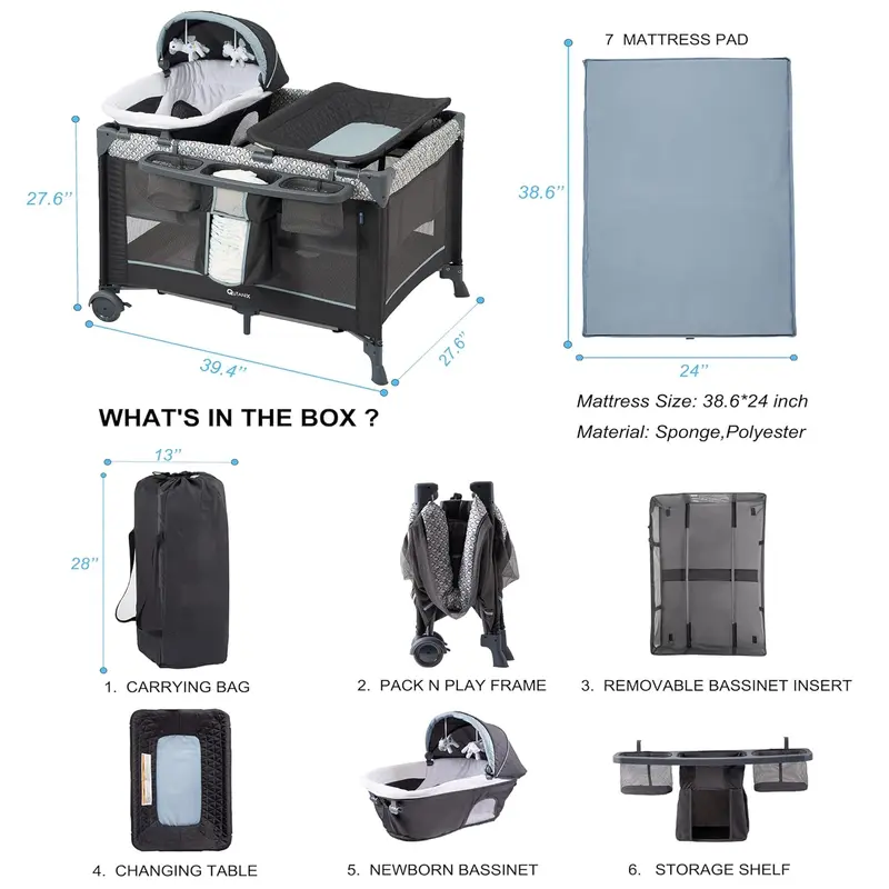 QUTANIX 5-in-1 Multifunctional Pack ‘n Play — Includes Bassinet & Travel Features