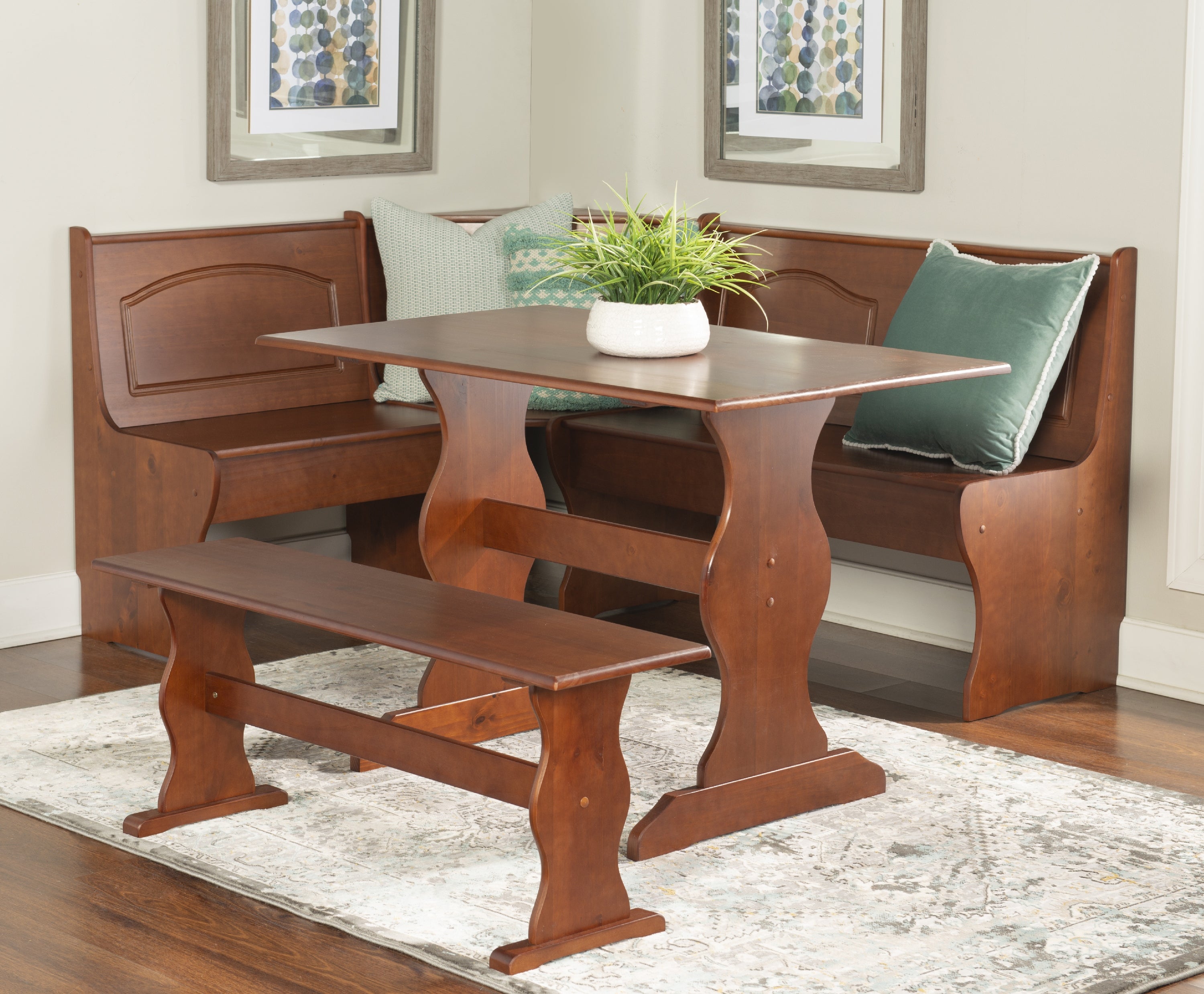 Linon Chelsea Corner Storage Dining Nook, Table and Bench Set - Walnut