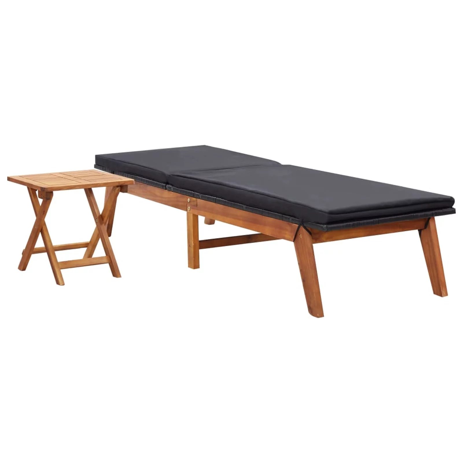 Anself Outdoor Sun Lounger with Cushion and Folding Table Set Backrest Adjustable Chaise Lounge Chair Black Poly Rattan Acacia Wood for Poolside, Patio, Deck, Backyard, Balcony, Garden Furniture