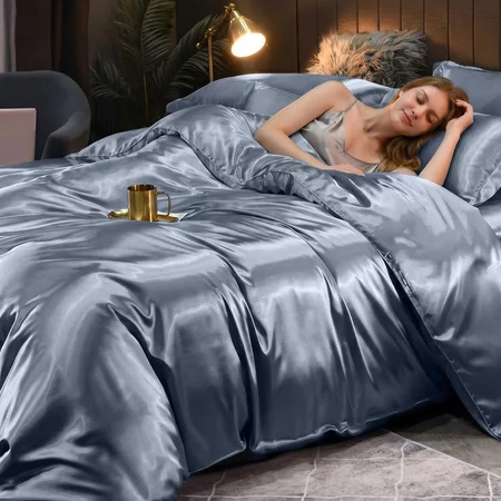 4IN1 Bed Sheet Set Satin Silk Fitted Bedsheet Queen/King Includes Duvet Cover Fitted Sheet Pillowcases Foldable