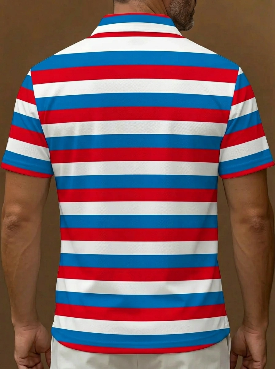 Red White Blue Horizontal Stripe Pattern Button Short Sleeve Golf Polo Shirt