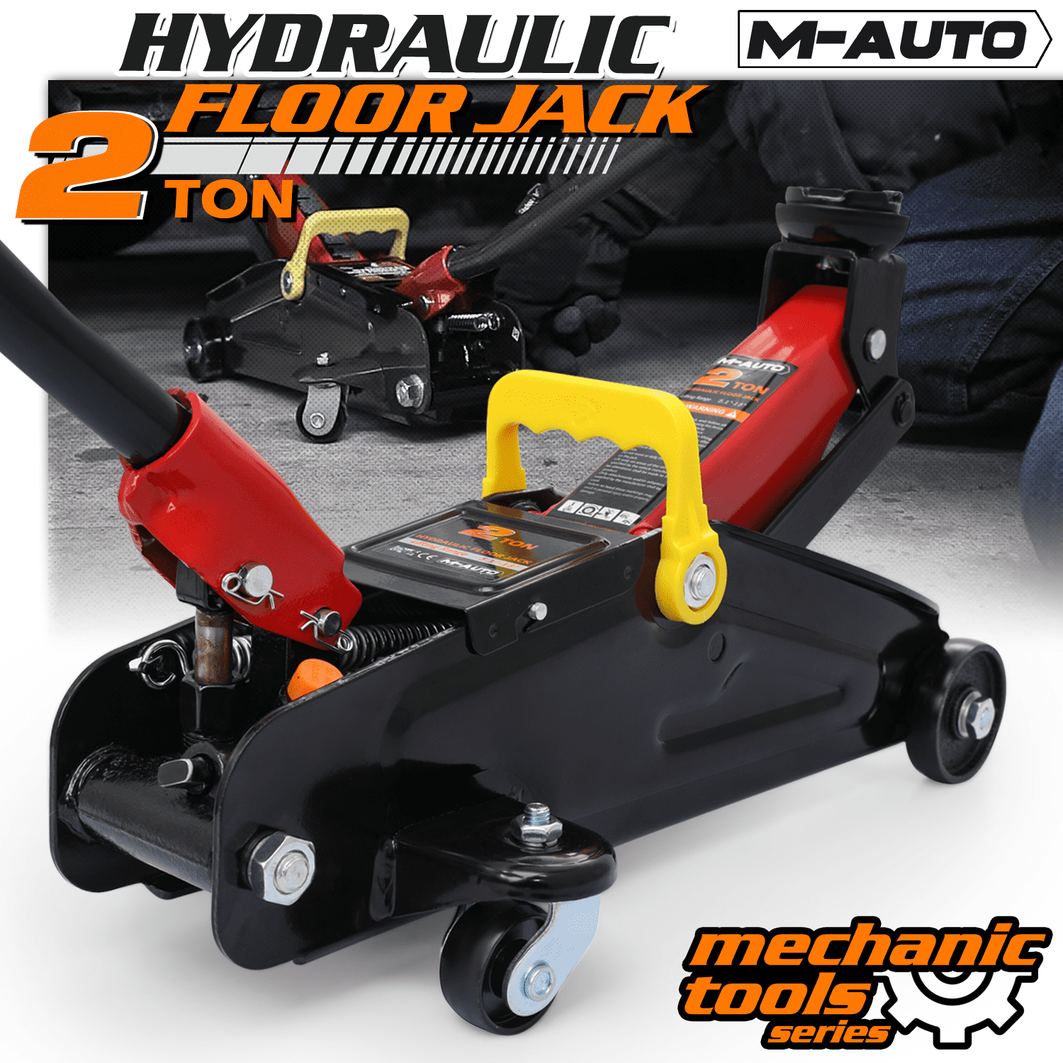 M-AUTO Heavy Duty Hydraulic Trolley Service/Floor Jack with Blow Mold Carrying Storage Case, 2 Ton (4,000 lb) Capacity, Black
