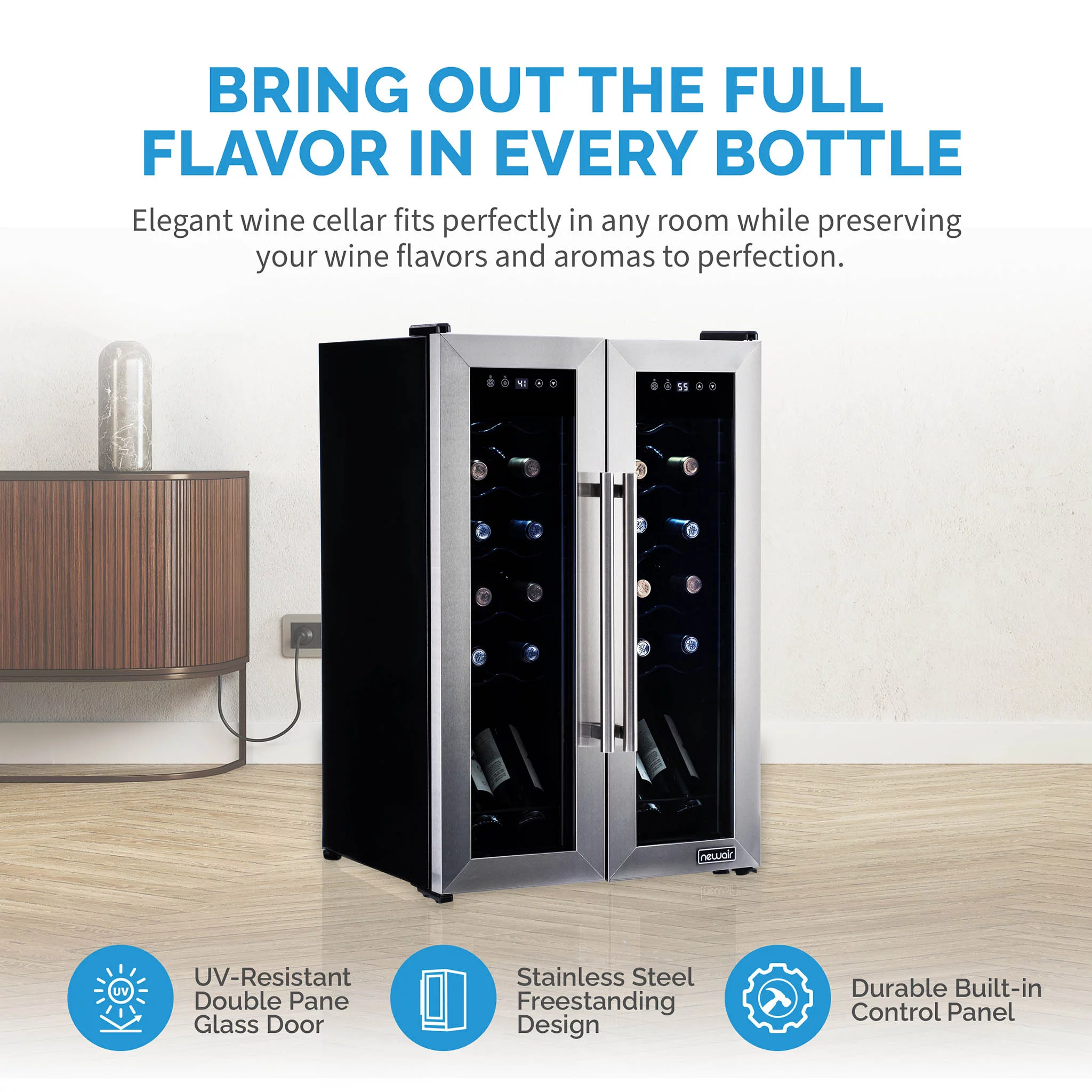 Newair 24 Bottle Wine Cooler Refrigerator, French Door Dual Temperature Zones, Freestanding Wine Fridge with Stainless Steel & Double-Layer Tempered Glass Door, Quiet Compressor Cooling