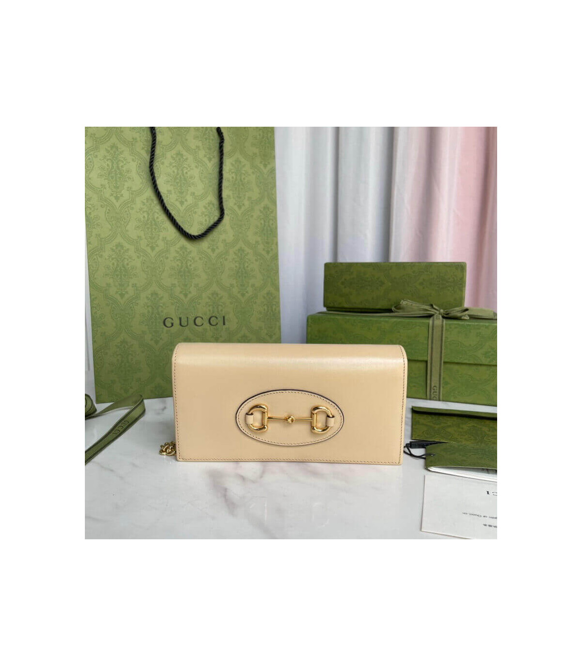 Gucci 1955 Horsebit Wallet With Chain in Beige Leather 19cm