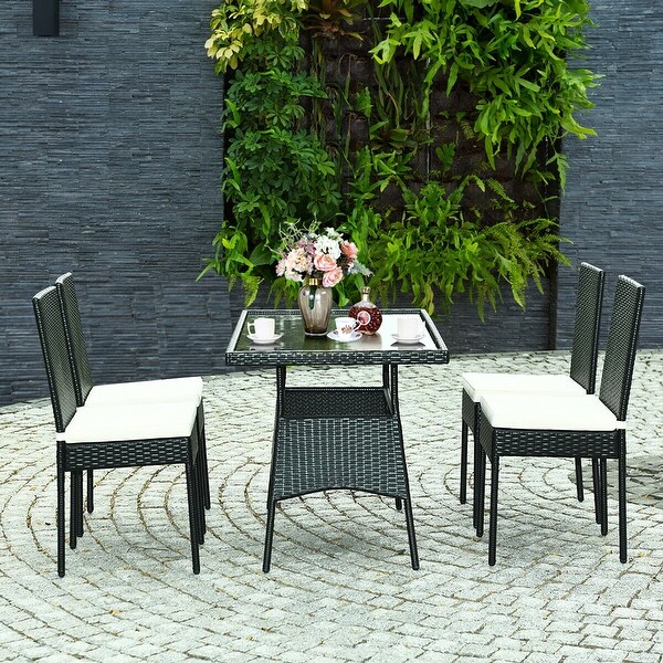 Costway 5PCS Patio Rattan Dining Set Cushioned Chair Table w/Glass Top