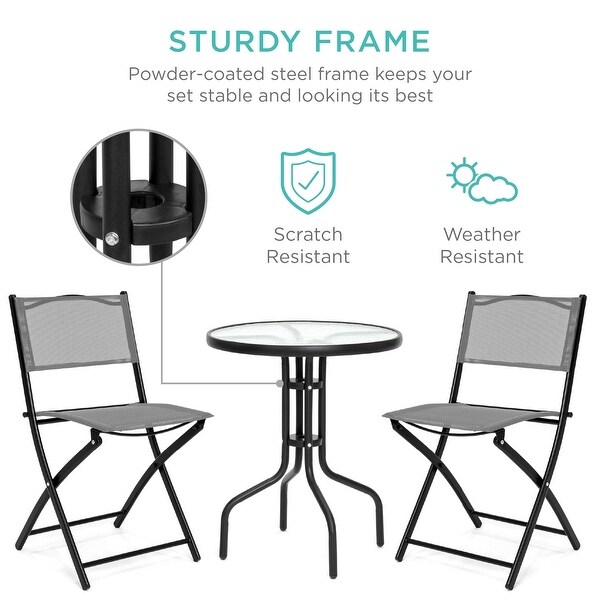 3Piece Patio Bistro Dining Furniture Set w/Textured Glass Tabletop,2 Folding Chairs,Steel Frame,Polyester Fabric