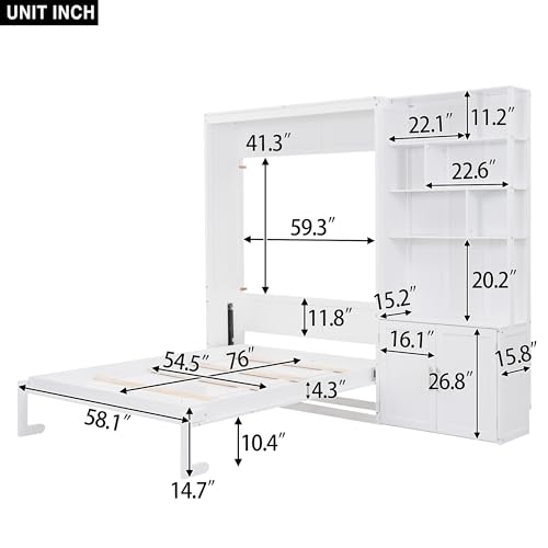 Merax Full Size Murphy Bed, White Wood Wall Bed Cabinet with Multiple Storage Shelves and a Cabinet