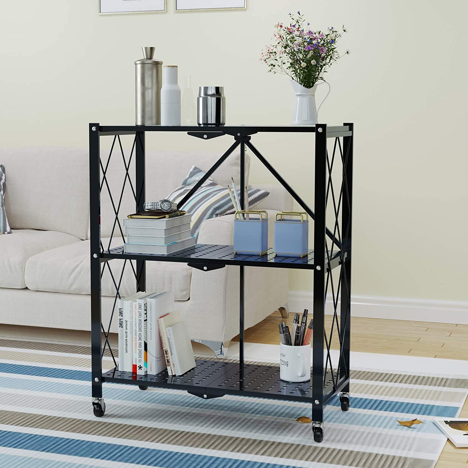 Soges 3-Tier Foldable Metal Storage Shelf Rolling Rack with Wheels Moving Utility Cart for Home Office Kitchen Garage, Black