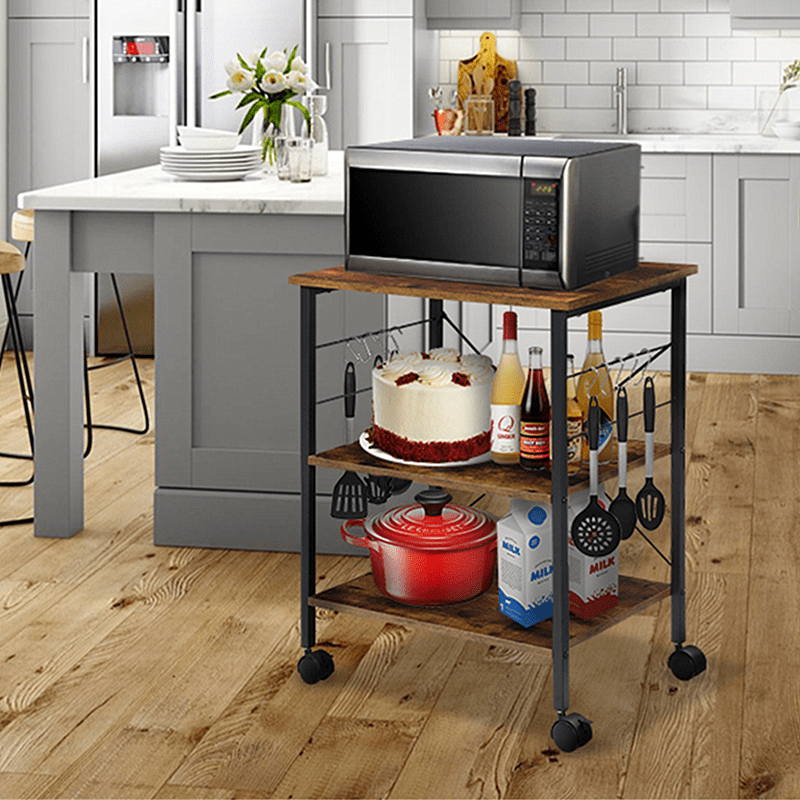 3-Tier Kitchen Microwave Cart on Wheels, Rolling Bakers Rack Movable Kitchen Storage Shelf Rack Cabinet Organizer for Kitchen Living Room