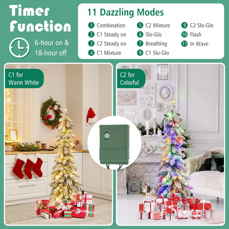 Slim Pre-Lit Flocked Pencil Christmas Tree – Space-Saving Artificial Holiday Decor