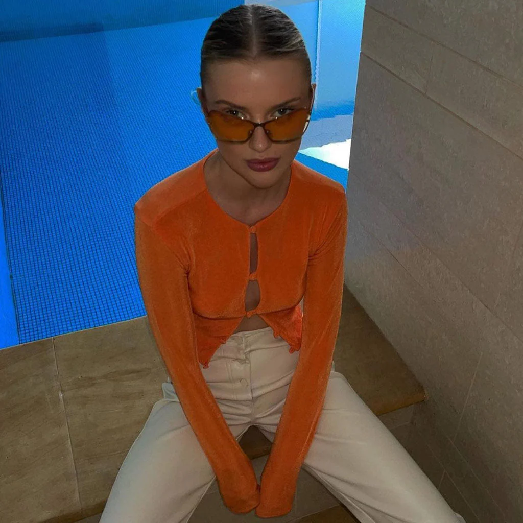 Button-Up Cropped Knit Top | Long Sleeve Sheer TopClistos