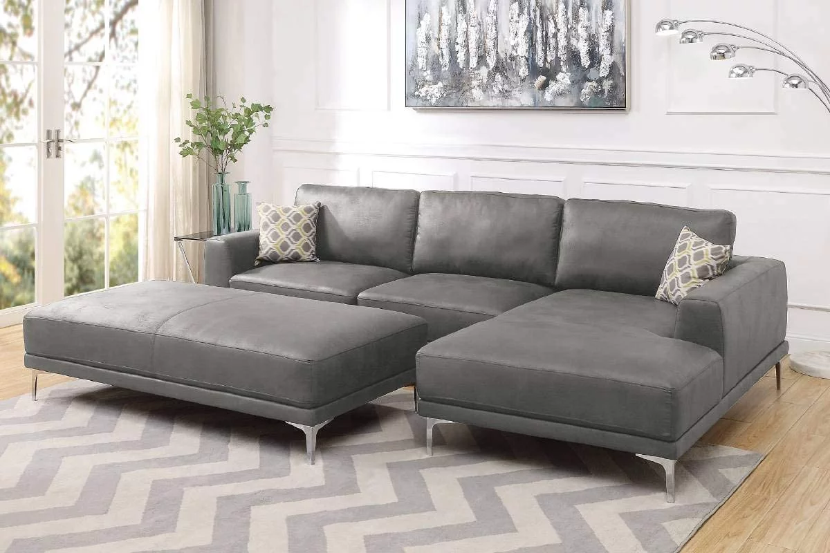 3Pcs Modern Antique Breathable Leatherette Sectional Sofa Set with XL Ottoman