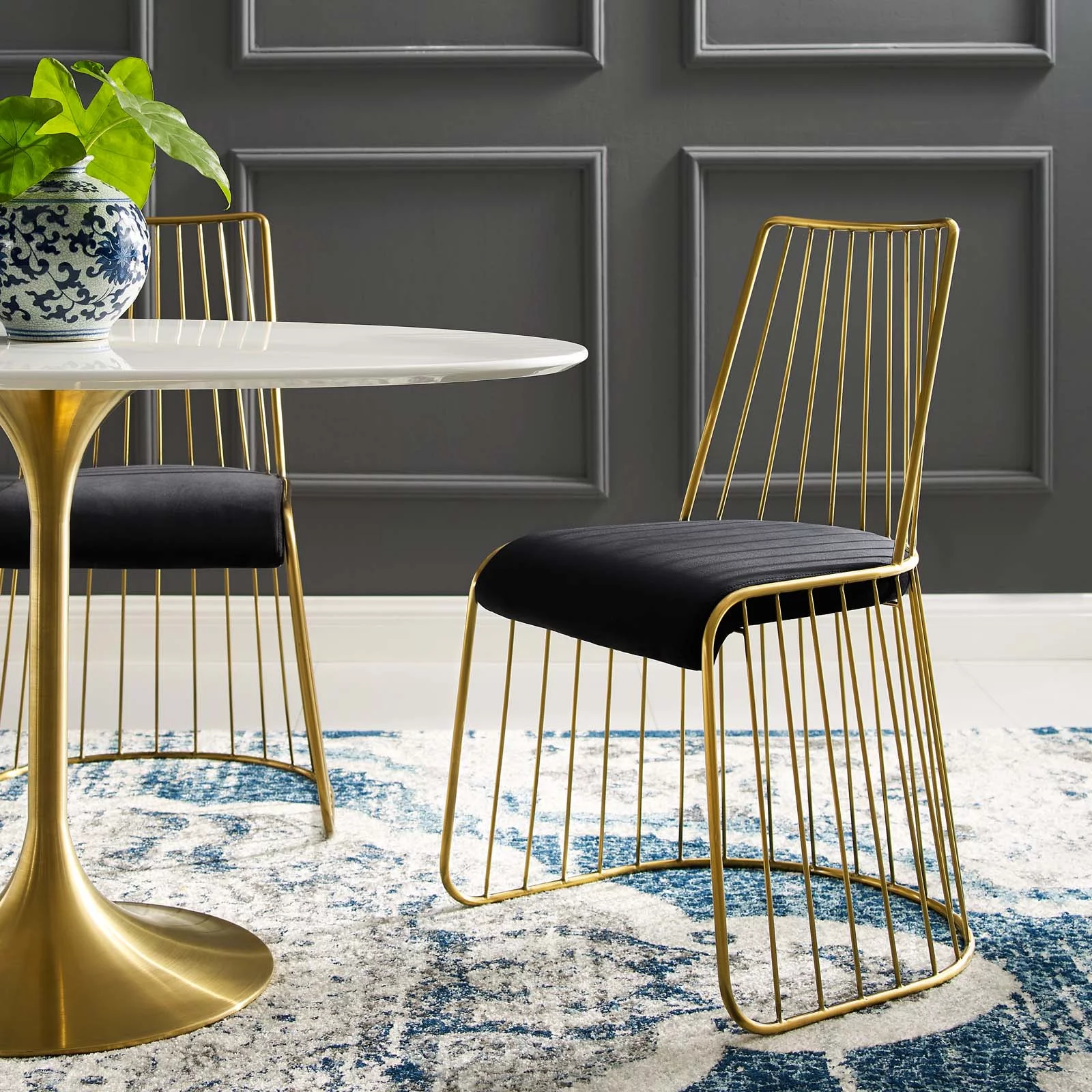 Modway Rivulet Gold Stainless Steel Performance Velvet Dining Chair in Gold Black
