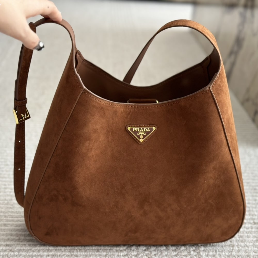 Prada Large Suede Shoulder Bag Cocoa Brown 34Cm