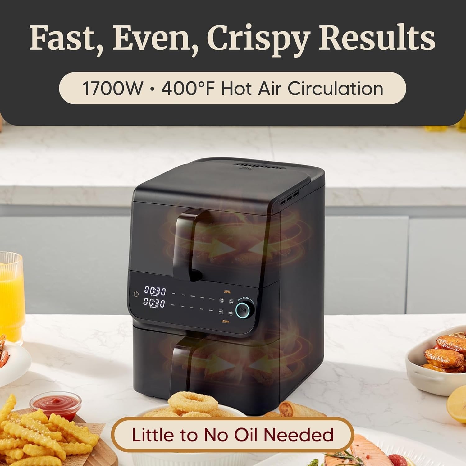 10.5QT Dual Stacked Air Fryer, Sync Cook & Finish, 10 Presets, PFAS-Free Nonstick Baskets, 1700W, Rapid Air Circulation, Black