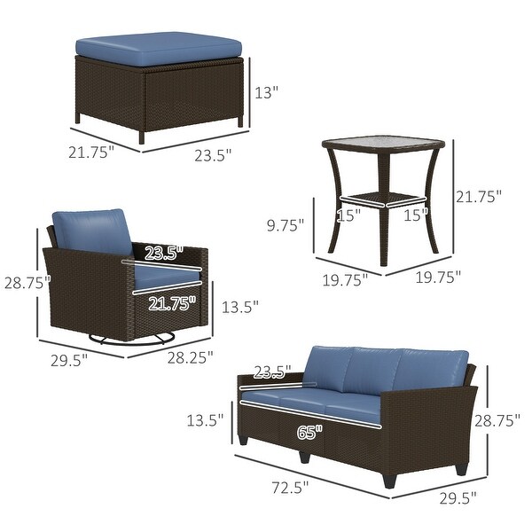 Outsunny 6 Piece Patio Furniture Set with Rattan Threeseater Sofa,Swivel Rocking Chairs,Footstools