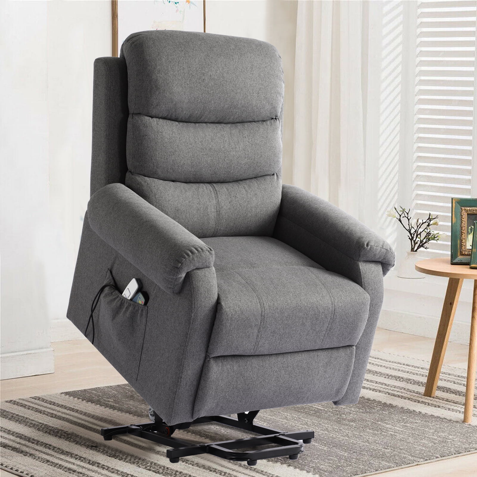 IPKIG Power Lift Chairs Recliners for Elderly, Power Recliner Chair, Linen Fabric Heated Vibration Massage Recliner Chair Living Room Chair with USB Ports, Remote Control, 2 Side Pockets (Grey)