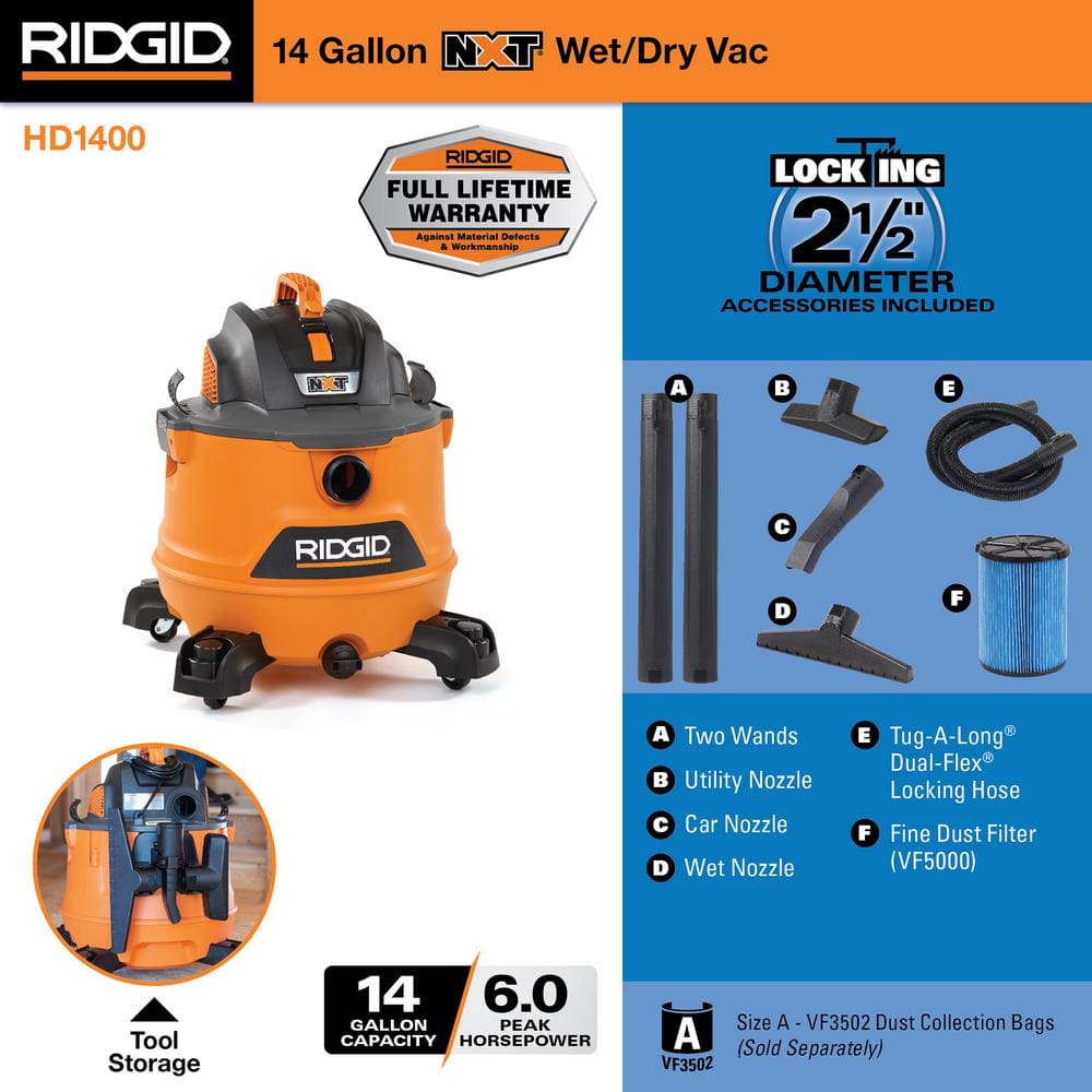 14 Gallon 6.0 Peak HP NXT Wet/Dry Shop Vacuum with Fine Dust Filter, Locking Hose and Accessories HD1400